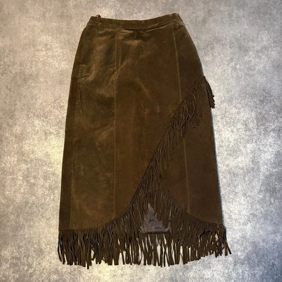 Vintage Brown Suede Leather Fringe Western Midi Skirt Womens 14 - Picture 1 of 6